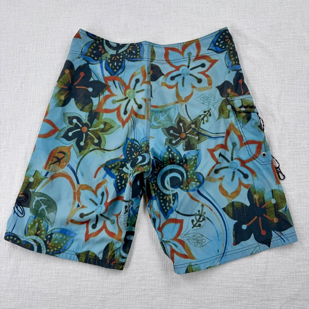 Reef Mens Vintage Y2K Board Shorts 36 Aqua Blue Tropical Floral Swim Trunks Surf